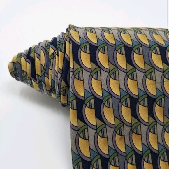J. Garcia Yellow & Blue Curves Lines Silk Necktie - Picture 2 of 5